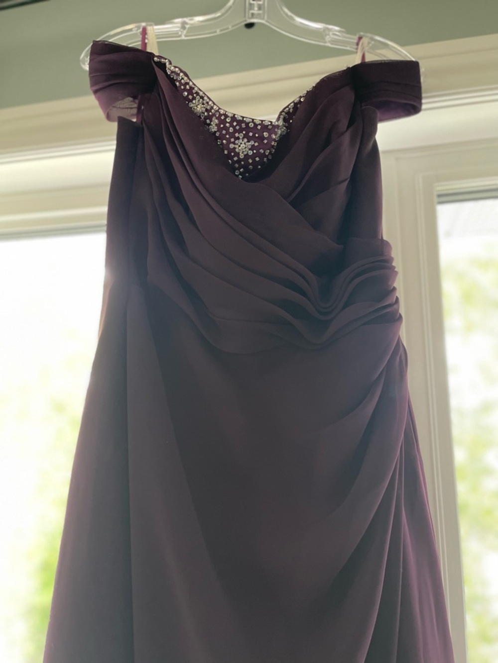 Elegant Off-Shoulder Purple Evening Dress with Beaded Accents